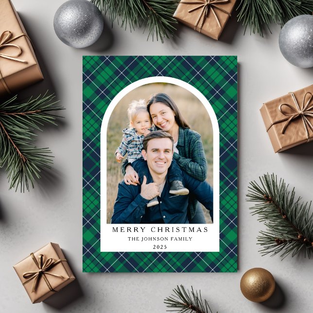 Navidad Foto Plaid Verde Festivo (Festive Green Plaid Photo Christmas Holiday Card)