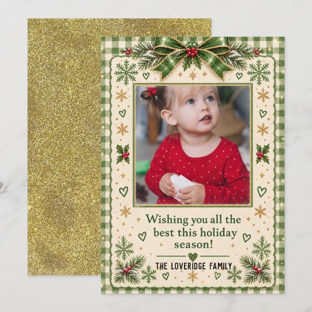 Navidad Foto Vacaciones Rustico Verde Gingham Dora (Anverso / Reverso)