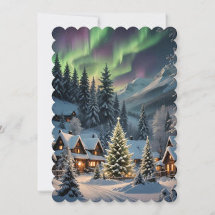 Navidad mágica, pueblo de montaña, luces polares