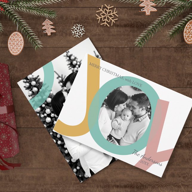 Navidad Mínima Foto ALEGRÍA Pastel Moderno (Modern Pastel JOY Photo Minimal Christmas Holiday Card)