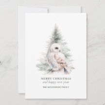 Navidad minimalista de búho nevado en acuarela y b