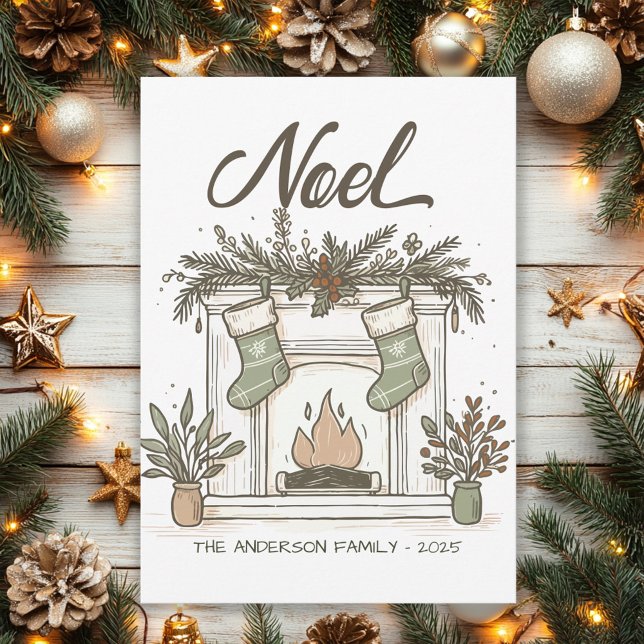 Navidad Noel Chimenea Rústica Dibujada a Mano (Vintage fireplace and stockings Christmas greeting card. )