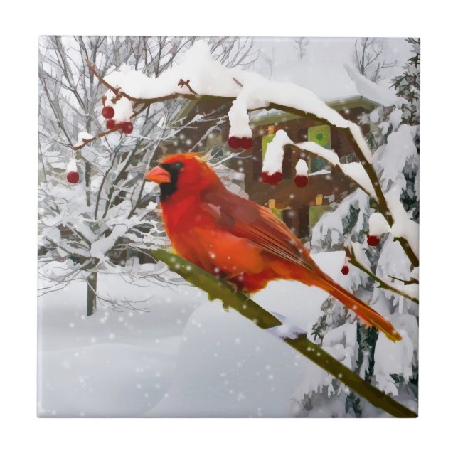 Navidad, pájaro cardinal, nieve, teja (Frente)
