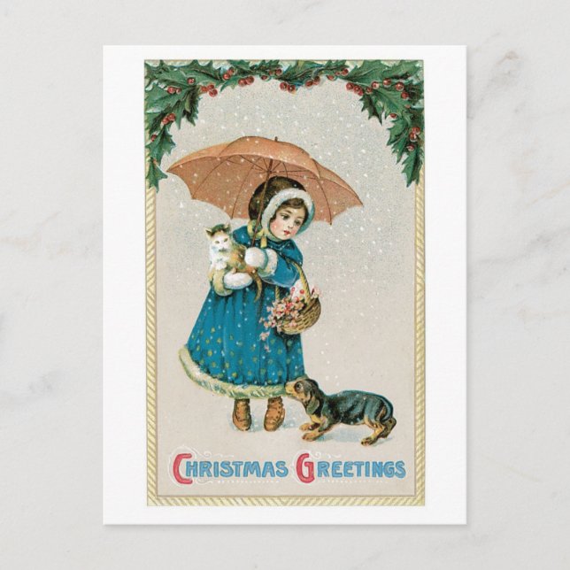 Navidad pasado de moda, chica con el gato y perro (Anverso)