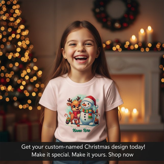 Navidad Personalizada  (Cute Reindeer and Snowman Kids T-Shirt | Personalized Christmas Tee)