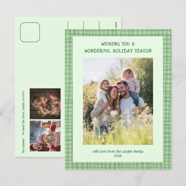 Navidad Personalizada Verde Gingham Chic 3 Fotos (Anverso / Reverso)