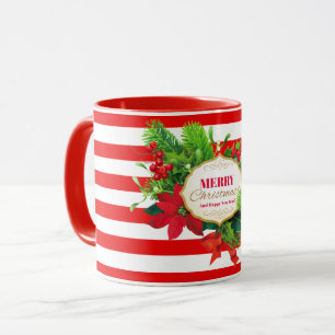 Navidad que saluda la taza rayada roja