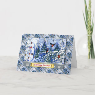 Navidad ruso del vintage, petirrojos en el bosque