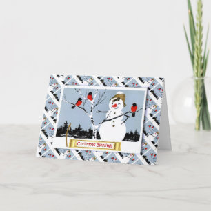 Navidad ruso, muñeco de nieve y petirrojos del