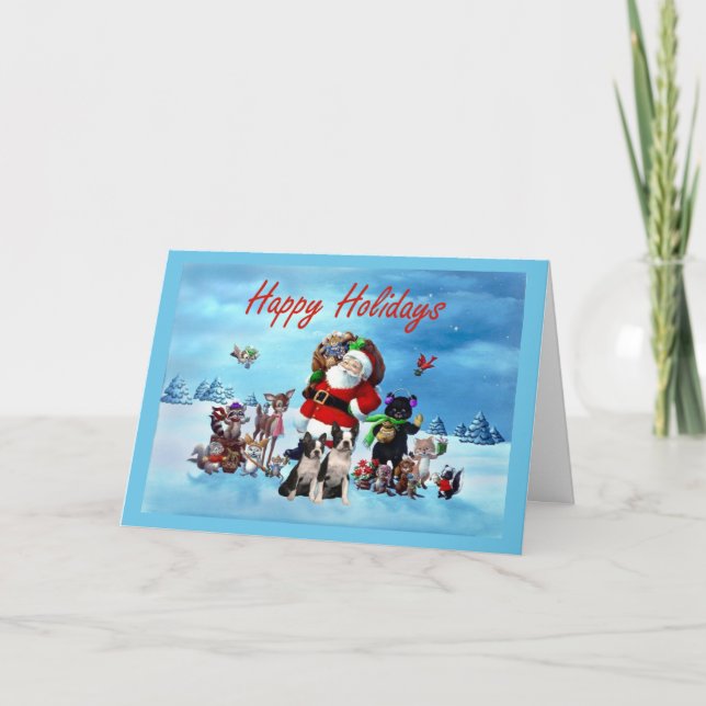 Navidad Santa de Boston Terrier y animales Greetin (Anverso)