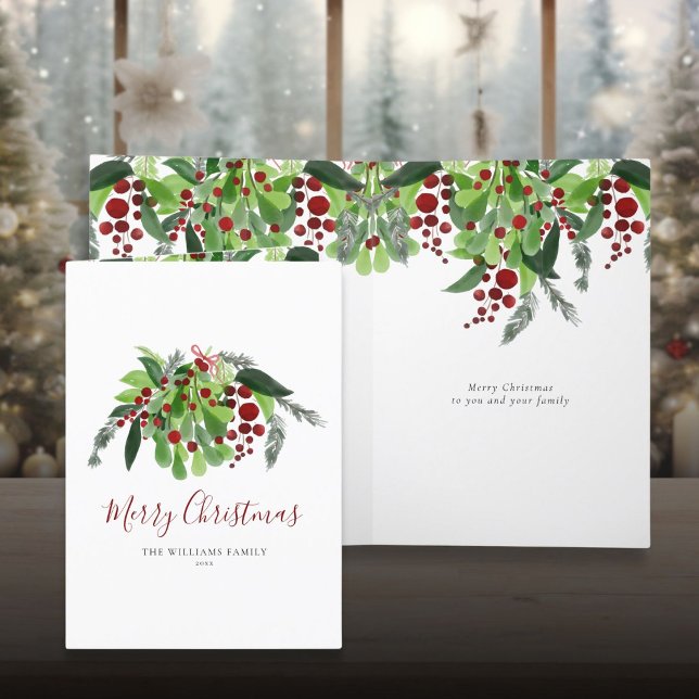 Navidad Verde Acuarela Bayas Rojas (Watercolor Greenery Red Berries Christmas Holiday Card)