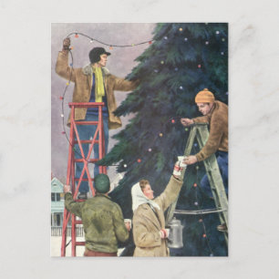 Navidad Vintage, Familia Colocando Luces en el Árb