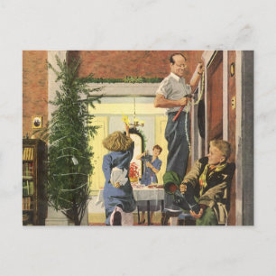 Navidad vintage, familia decorando la casa