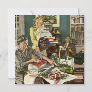 Navidad Vintage, Familia Feliz envolviendo regalos