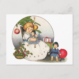 Navidad vintage, feliz Chica jugando con muñecas