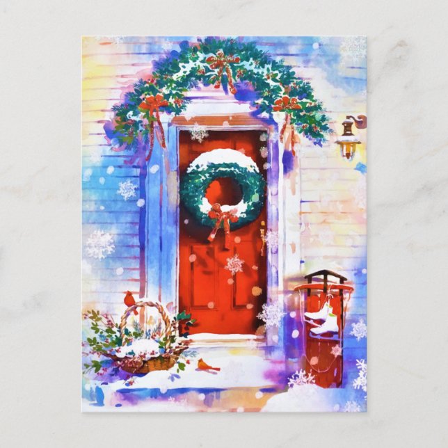 Navidad Vintage Invierno Rojo Puerta de Casa Acuar (Anverso)