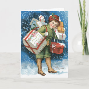 Navidad Vintage, Niña con Regalos en Nieve Inverna