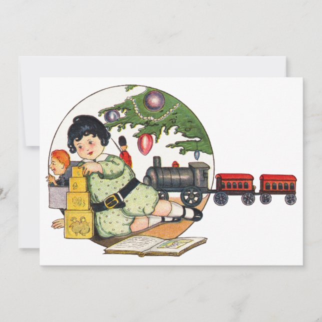 Navidad vintage, niño feliz jugando con juguetes (Anverso)