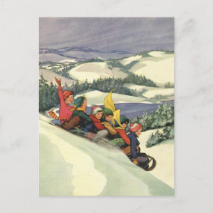 Navidad Vintage, niños en trineo en una montaña