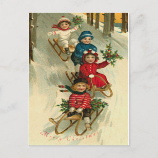 Navidad vintage niños pequeños deslizándose en la