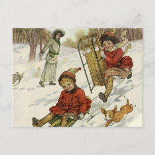 Navidad Vintage, niños victorianos en trineo con p