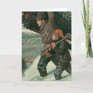 Navidad vintage, padre e hijo cortan un árbol