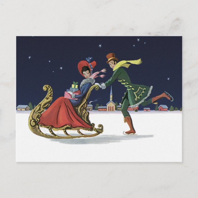 Navidad vintage, pareja enamorada patinando hielo (Anverso)