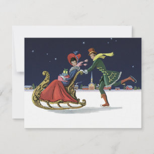 Navidad vintage, pareja enamorada patinando hielo