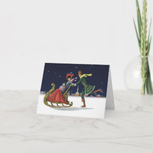 Navidad vintage, pareja enamorada patinando hielo