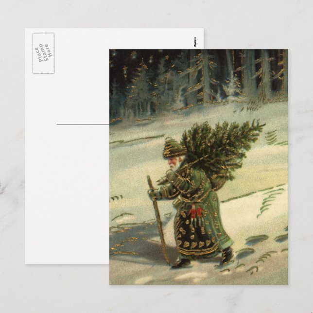 Navidad Vintage, Santa Claus llevando un árbol (Anverso / Reverso)