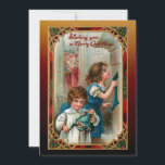 Navidad y niños para los padres de la cosecha<br><div class="desc">Hermoso ilustracion navideño restaurado de la era victoriana que presenta la Navidad del Padre del Viejo Mundo con niños en el hogar de la familia y el saludo de Feliz Navidad enmarcado por un adornado marco de estilo gótico rojo, verde y dorado ornamental y la coordinación del fondo artesanal. Atrás...</div>