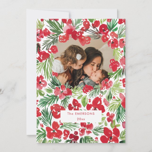 Navidades acuarela marco floral Tarjeta fotográfic (Anverso)