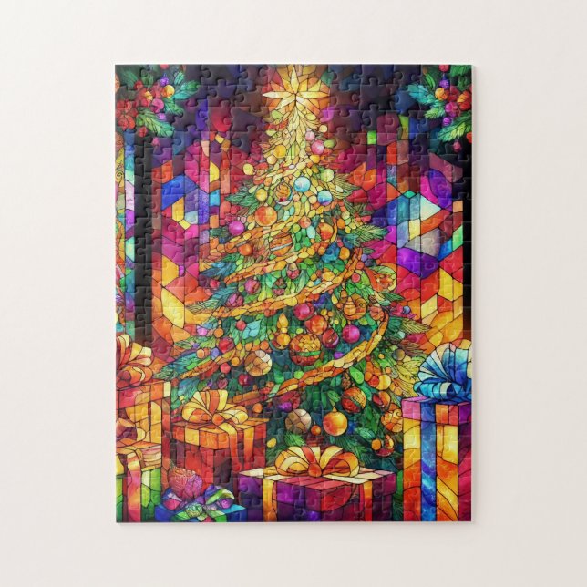 Navidades acuarela rompecabezas de vidrio manchado (Vertical)