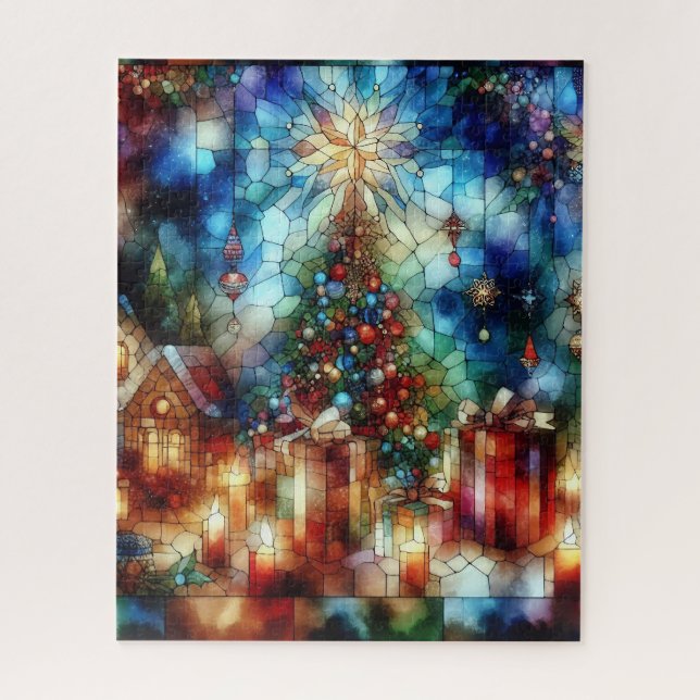 Navidades acuarela rompecabezas de vidrio manchado (Vertical)
