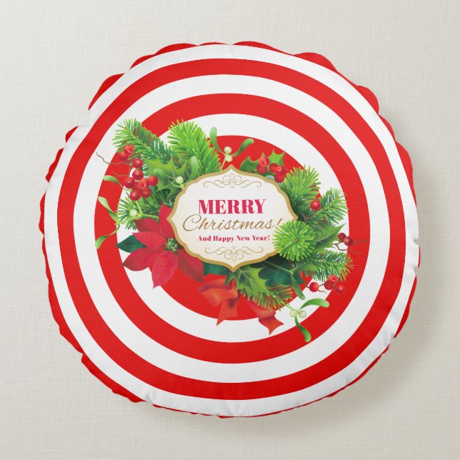 Navidades Almohada redonda de rayas rojas (Anverso)