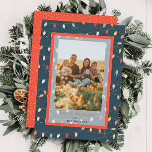 Navidades alumbran tarjeta fotográfica azul de la 