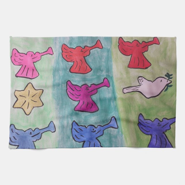 Navidades Ángeles con toalla de té con Trumpets (Horizontal)