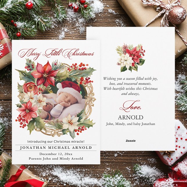 Navidades Anuncio de nacimiento Foto de Poinsettia (Elegant poinsettias baby birth announcement Christmas greeting card)