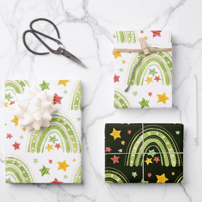 Navidades arcoiris envuelven hojas de papel (Anverso)