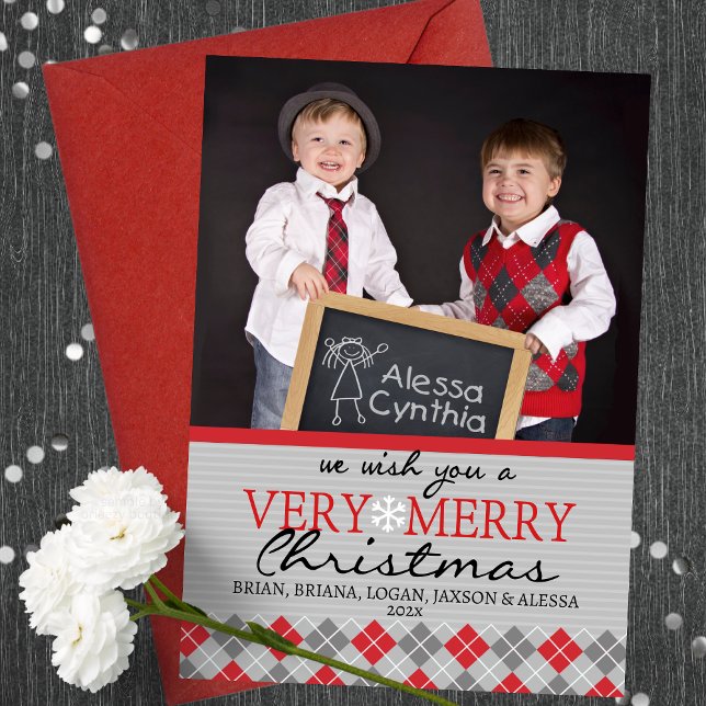 Navidades Argyle modernos tarjetas de felicitación (Elegant Modern Argyle 1 Photo Holiday Christmas Greeting Cards in Grey and Red)