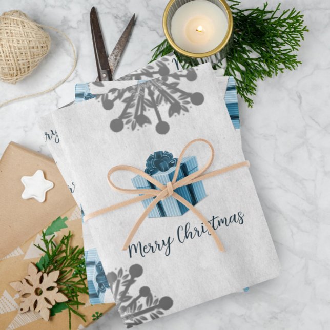 Navidades azules dan hojas de papel de ajuste (Blue Christmas Gift Wrapping Paper Sheets)