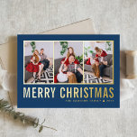 Navidades azules del Collage de fotos de tipografí<br><div class="desc">Feliz Navidad! Envíe sus cálidos deseos esta temporada con esta tarjeta de collage de fotos de los Navidades de personalizable. Presenta una tipografía simple sobre un fondo azul. Personalice agregando tres fotos, nombres, año y otros detalles. Esta moderna tarjeta de Navidades de Relieve metalizado dorado está disponible en otros colores...</div>
