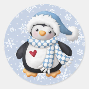 Navidades azules Pegatina redondo de pingüino