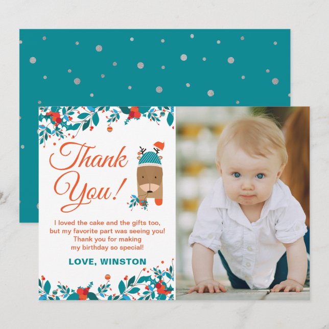 Navidades Blue Deer Birthday Gracias Tarjeta Fotog (Anverso / Reverso)