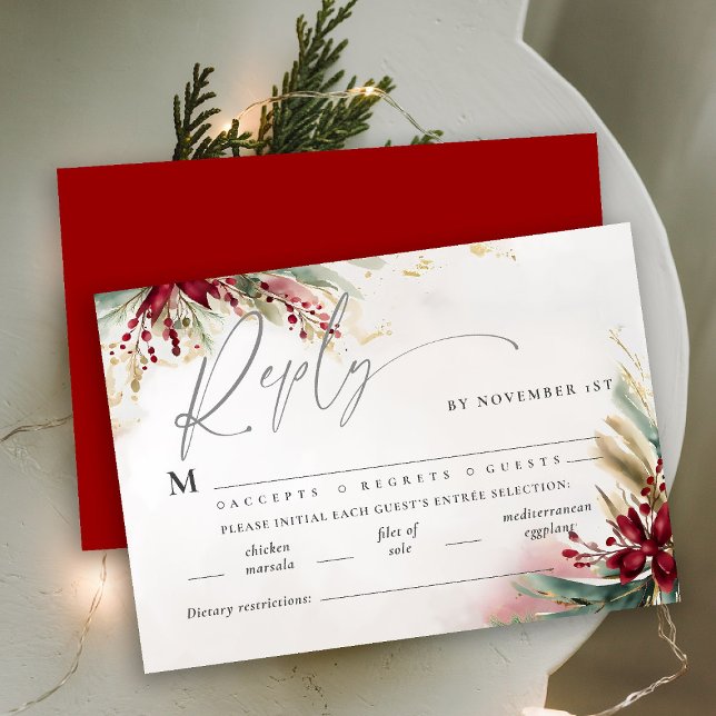 Navidades Boda de Comida Verde de Vaca Roja en Inv (winter wedding christmas bow greenery berries watercolor rsvp card meal choice elegant modern)