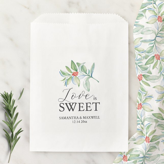Navidades Boda Favor Bolsas El Amor Es Dulce (flat lay of gift bags for xmas features watercolor botanical art and the words Love is Sweet custom)