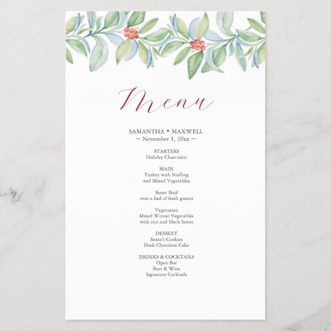 Navidades Boda Menus Watercolor Greenery (Frente)