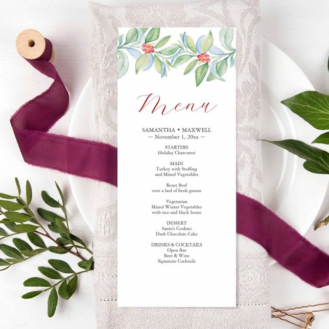 Navidades Boda Menus Watercolor Greenery (Christmas wedding menu features unique watercolor art by Victoria Grigaliunas.)
