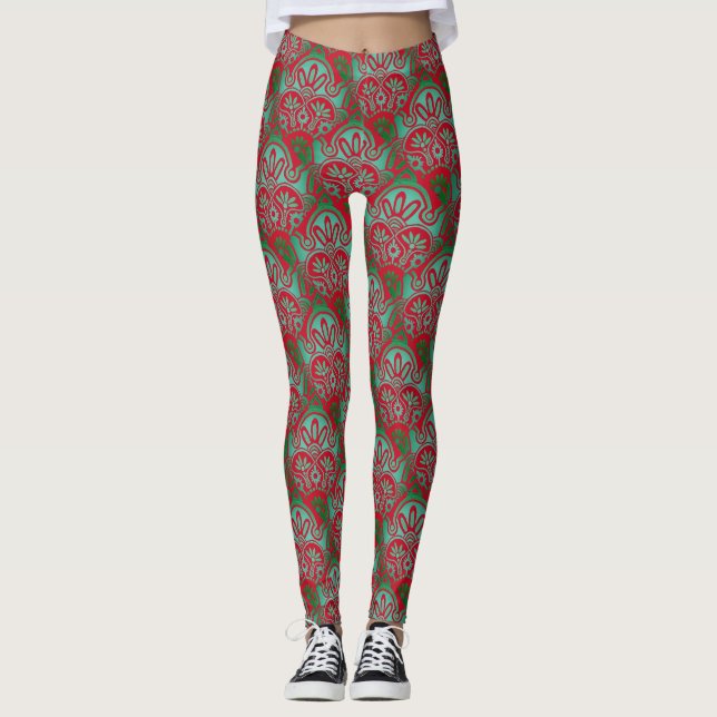 Navidades boho rojo y verde Leggings (Anverso)