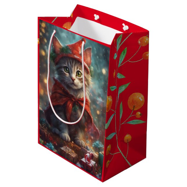 Navidades Bolsa de Regalo Pequeña Roja de Gatito (Angulo reverso)